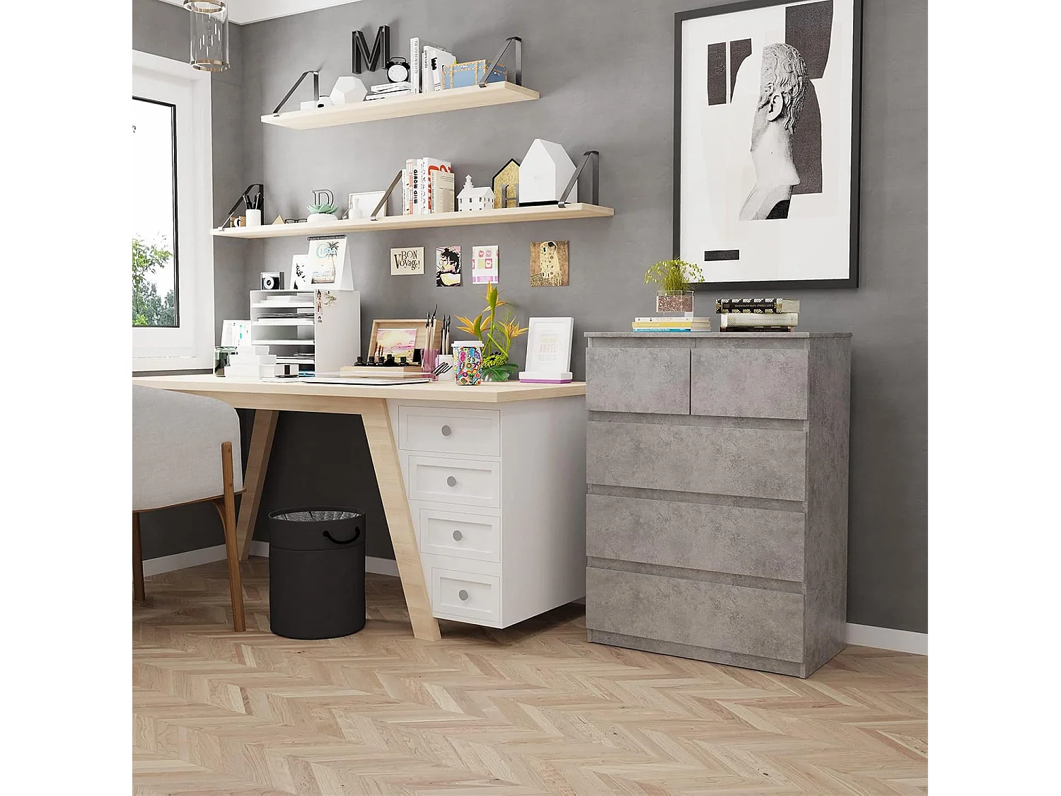 Commode avec 5 Tiroirs, Armoire Multifonction Moderne avec Rails en Métal, 75 x 42 x 104 cm, Peu Encombrant Gris