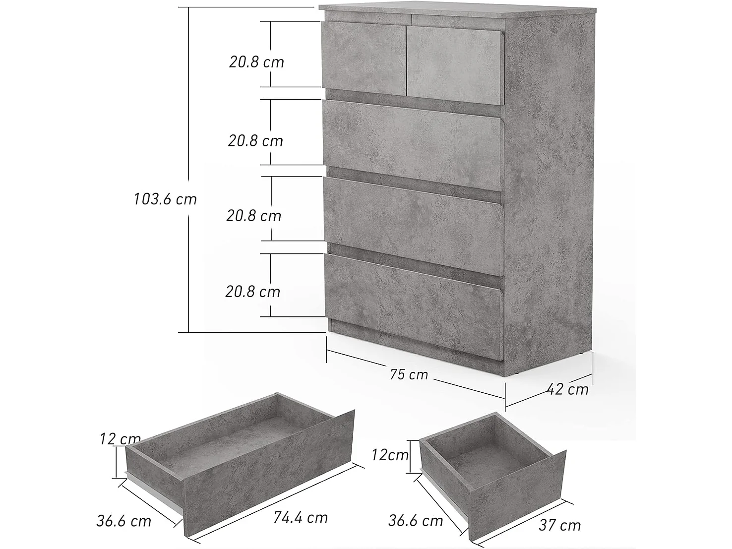 Commode avec 5 Tiroirs, Armoire Multifonction Moderne avec Rails en Métal, 75 x 42 x 104 cm, Peu Encombrant Gris