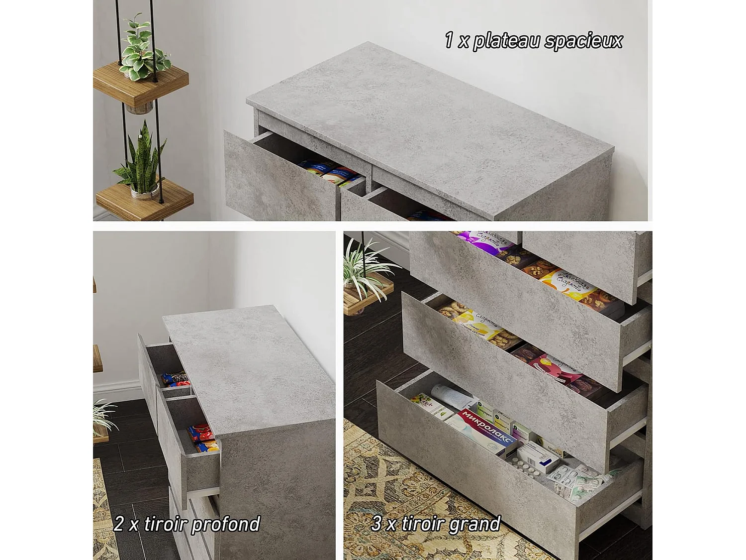 Commode avec 5 Tiroirs, Armoire Multifonction Moderne avec Rails en Métal, 75 x 42 x 104 cm, Peu Encombrant Gris