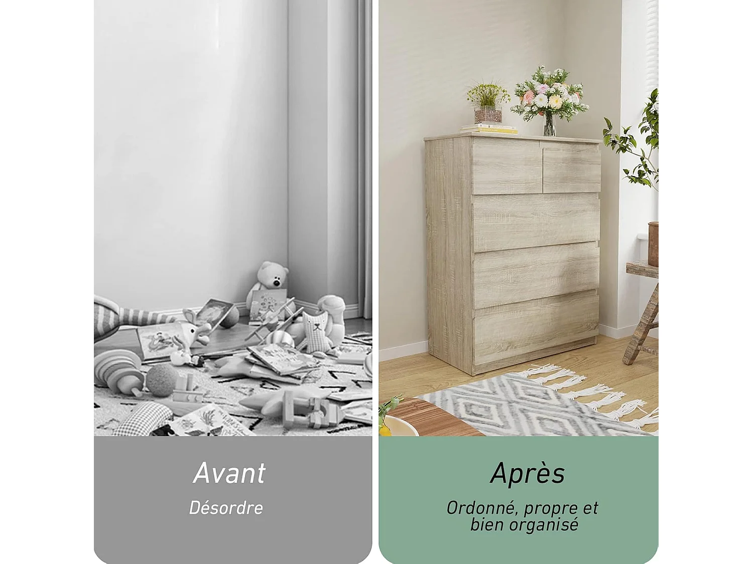 Commode avec 5 Tiroirs en bois, Armoire Multifonction Moderne avec Rails en Métal, Montage Facile, 75 x 42 x 104 cm, Marron