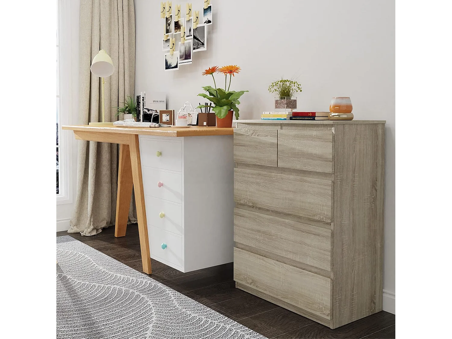 Commode avec 5 Tiroirs en bois, Armoire Multifonction Moderne avec Rails en Métal, Montage Facile, 75 x 42 x 104 cm, Marron