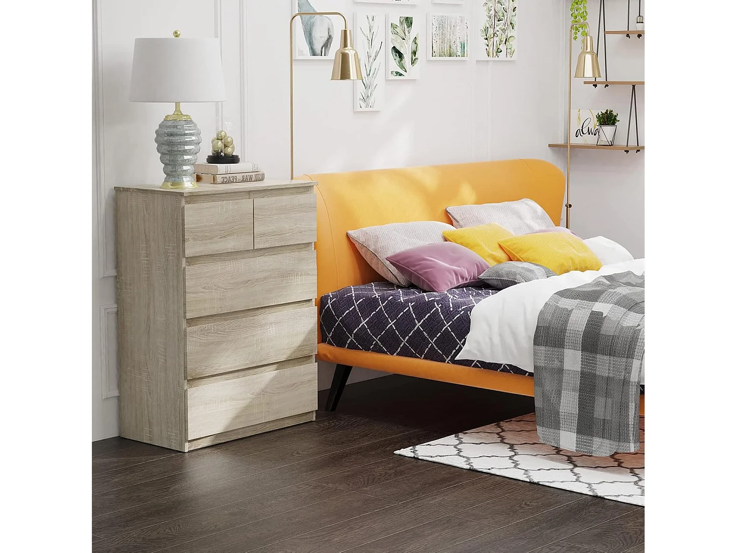 Commode avec 5 Tiroirs en bois, Armoire Multifonction Moderne avec Rails en Métal, Montage Facile, 75 x 42 x 104 cm, Marron