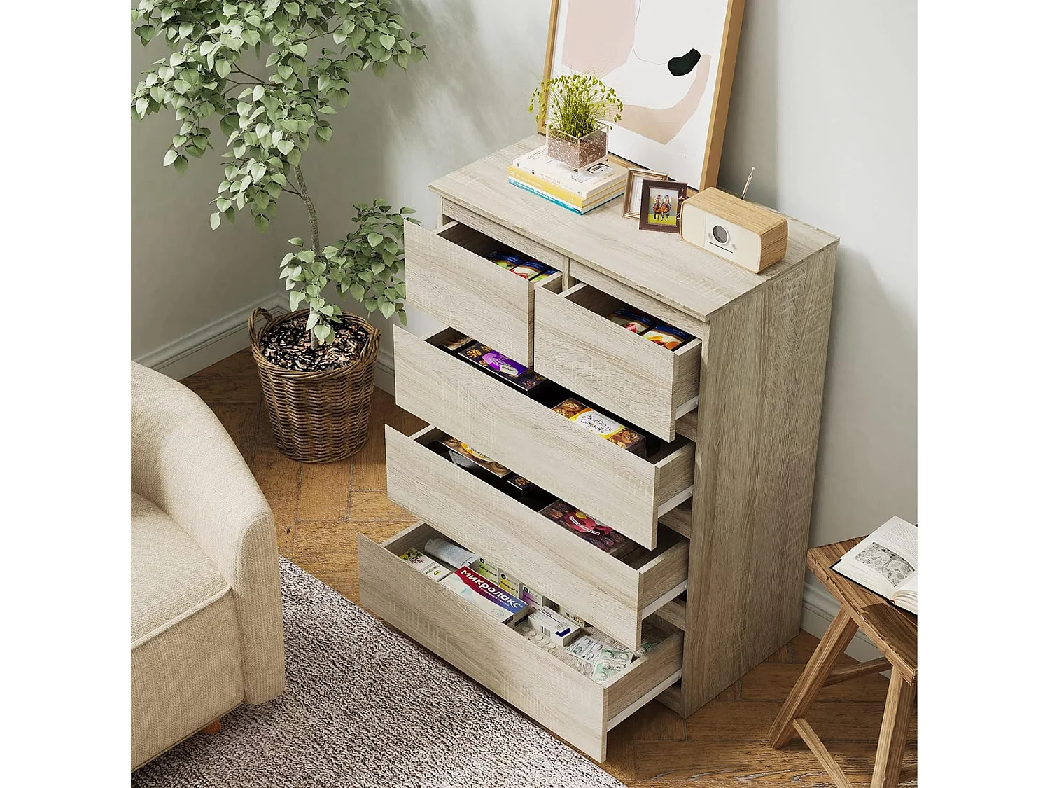 Commode avec 5 Tiroirs en bois, Armoire Multifonction Moderne avec Rails en Métal, Montage Facile, 75 x 42 x 104 cm, Marron