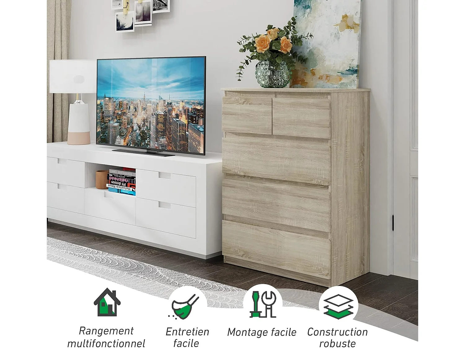 Commode avec 5 Tiroirs en bois, Armoire Multifonction Moderne avec Rails en Métal, Montage Facile, 75 x 42 x 104 cm, Marron