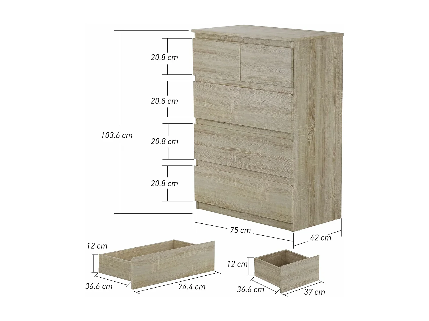 Commode avec 5 Tiroirs en bois, Armoire Multifonction Moderne avec Rails en Métal, Montage Facile, 75 x 42 x 104 cm, Marron