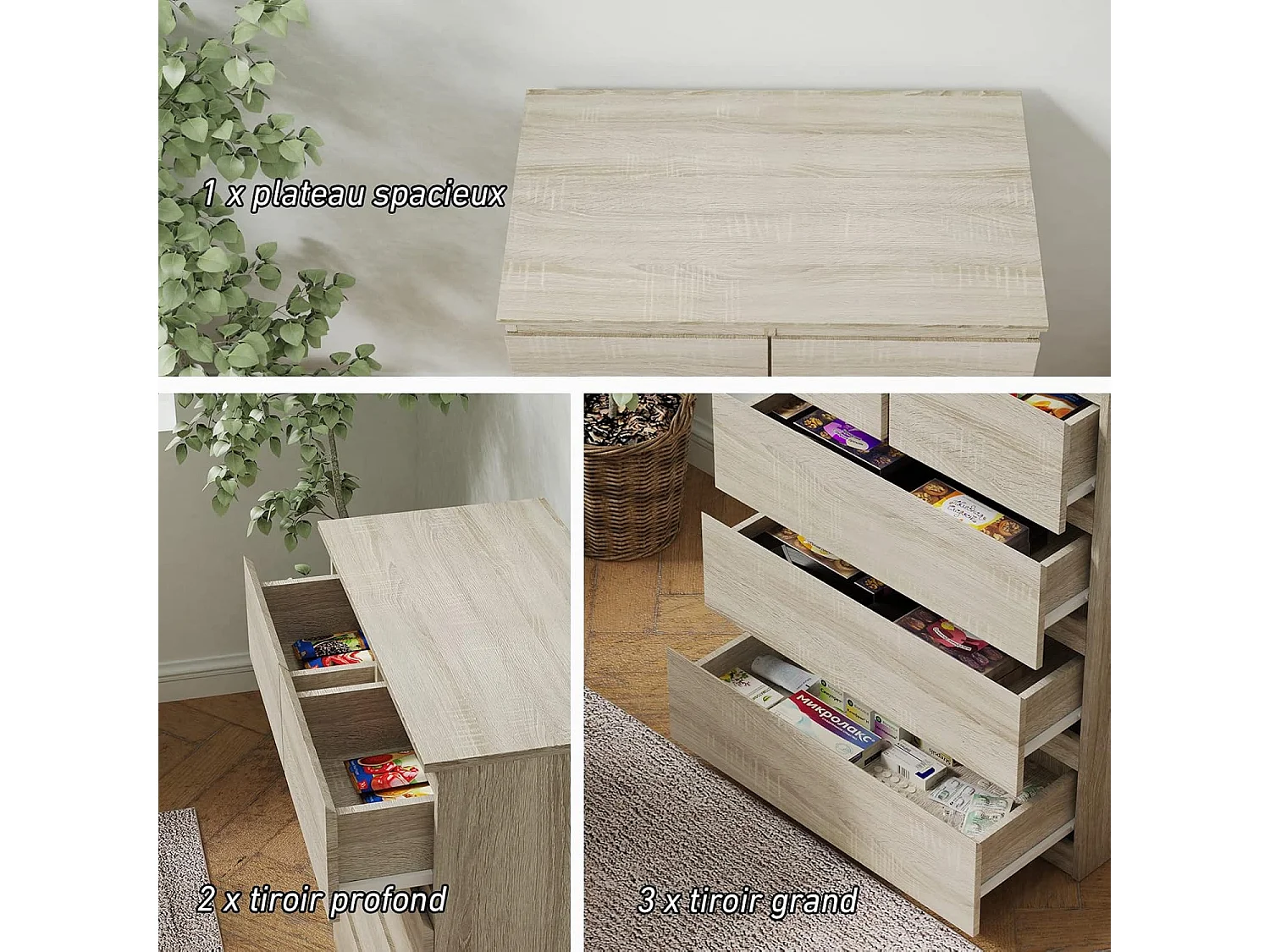 Commode avec 5 Tiroirs en bois, Armoire Multifonction Moderne avec Rails en Métal, Montage Facile, 75 x 42 x 104 cm, Marron