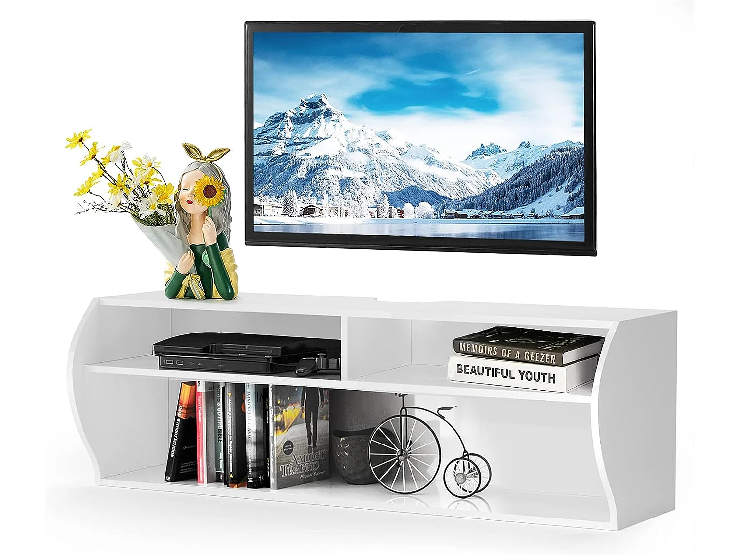 Meuble tv mural flottant avec 3 compartiments ouverts, banc tv suspendu 123 x 41 x 41 cm