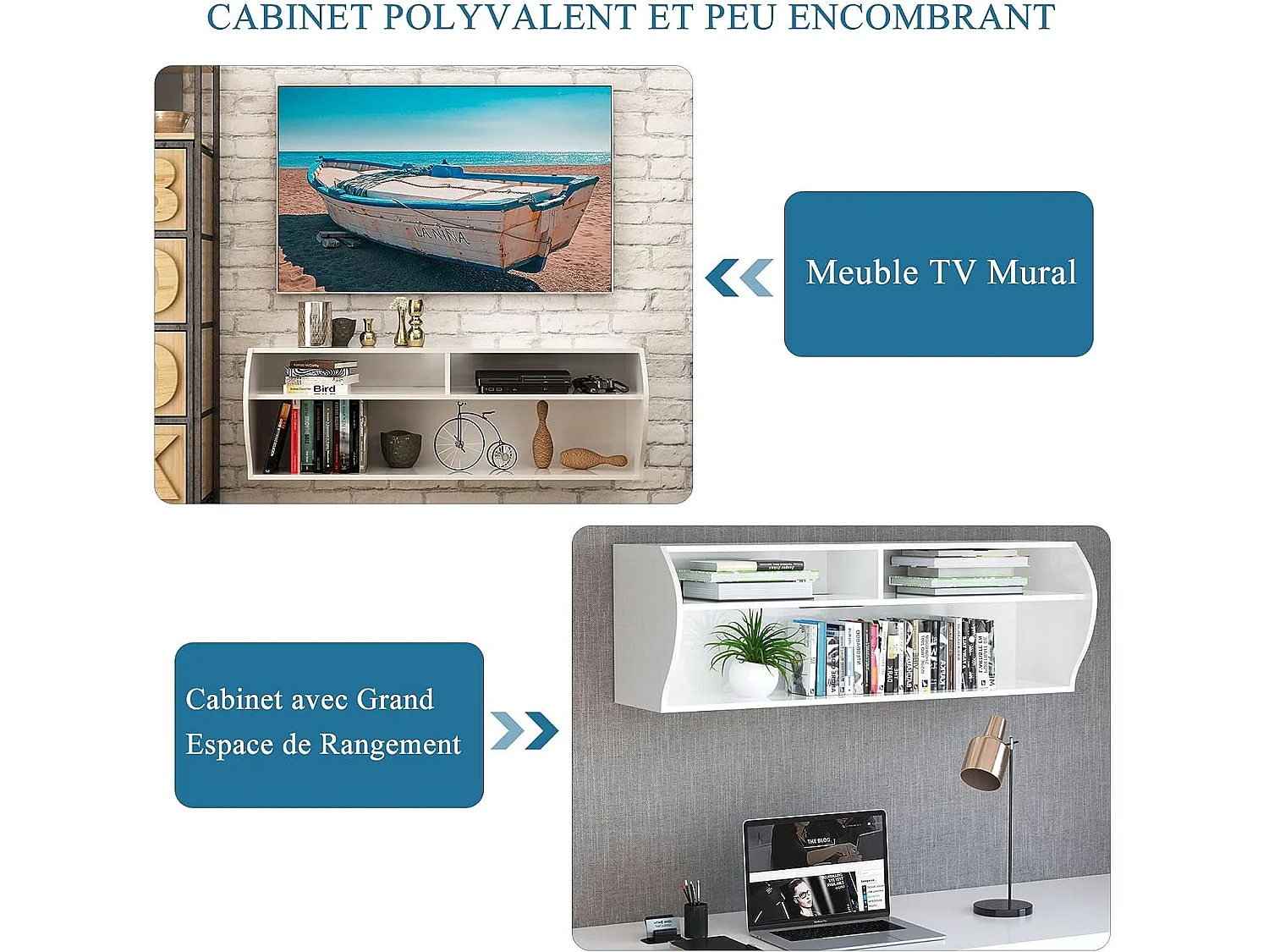 Meuble tv mural flottant avec 3 compartiments ouverts, banc tv suspendu 123 x 41 x 41 cm
