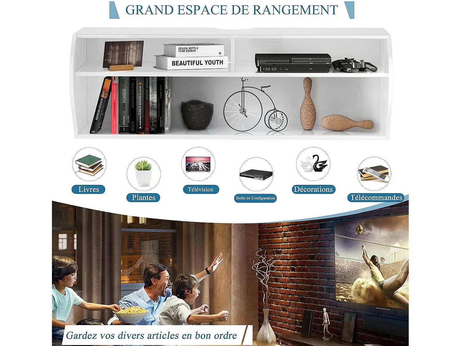 Meuble tv mural flottant avec 3 compartiments ouverts, banc tv suspendu 123 x 41 x 41 cm