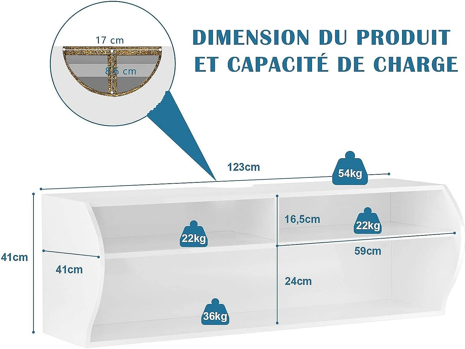 Meuble tv mural flottant avec 3 compartiments ouverts, banc tv suspendu 123 x 41 x 41 cm