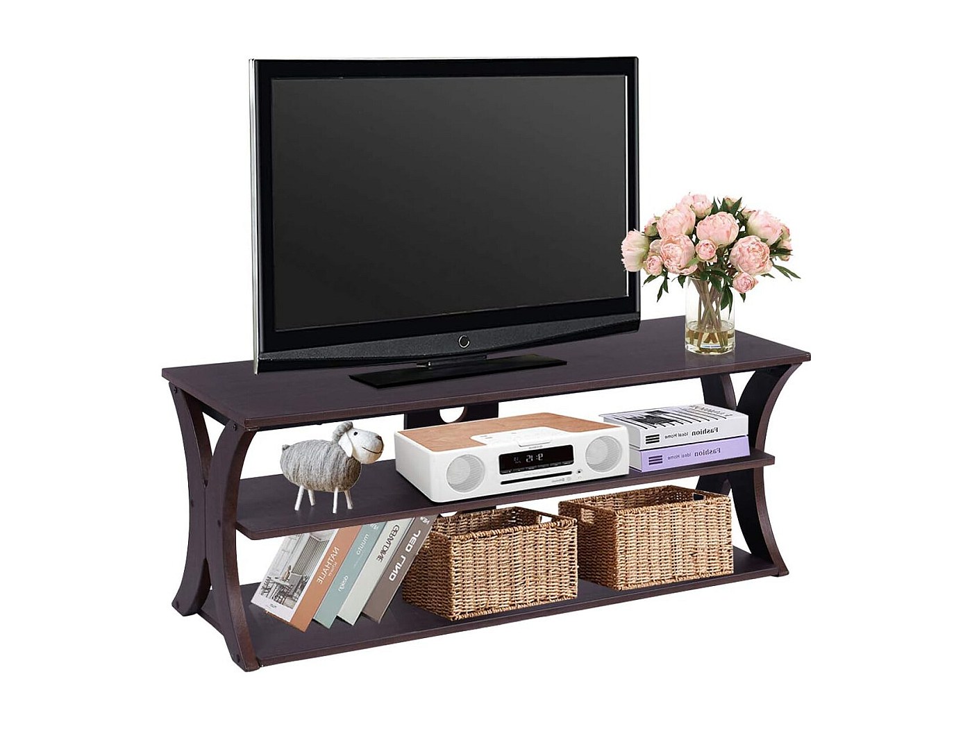 Meuble Tv Bois Massif GIANTEX Meuble TV Jusqu'à 55 Pouces, Meuble TV En Rotin PE Avec 2 Armoires Et étagères Ouvertes, Table Console Avec Pieds En Bois Massif Pour Salon, Chambre à