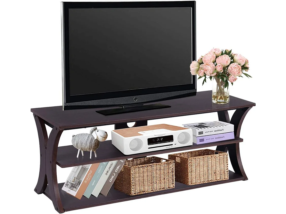 Meuble tv à 3 niveau avec étagères ouvertes, banc tv pour tv jusqu’à 114 cm,115,5 x 40,5 x 46 cm