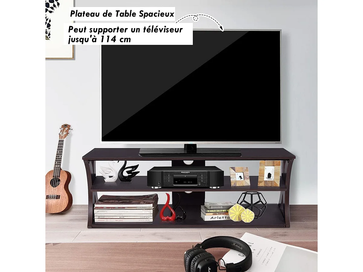 Meuble tv à 3 niveau avec étagères ouvertes, banc tv pour tv jusqu’à 114 cm,115,5 x 40,5 x 46 cm