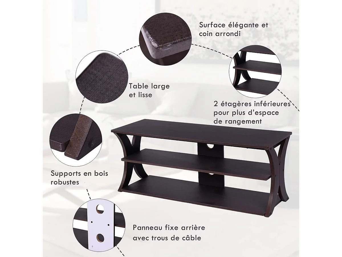 Meuble tv à 3 niveau avec étagères ouvertes, banc tv pour tv jusqu’à 114 cm,115,5 x 40,5 x 46 cm