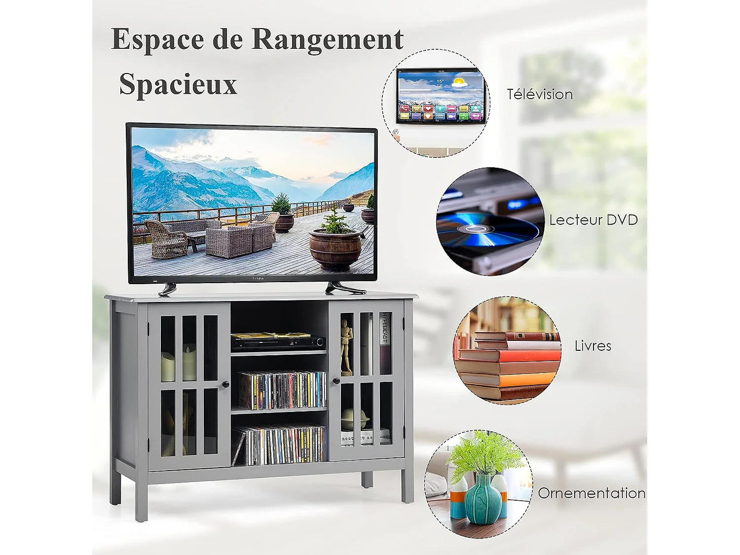 Meuble tv, support tv banc tv avec rangement, 3 etagères, pour tv jusqu'à 127 cm