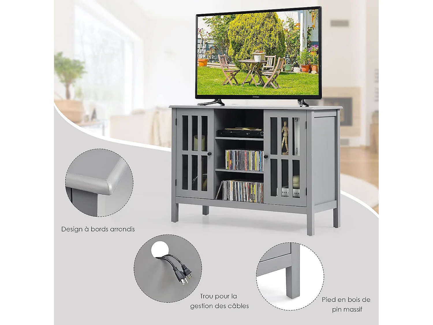 Meuble tv, support tv banc tv avec rangement, 3 etagères, pour tv jusqu'à 127 cm