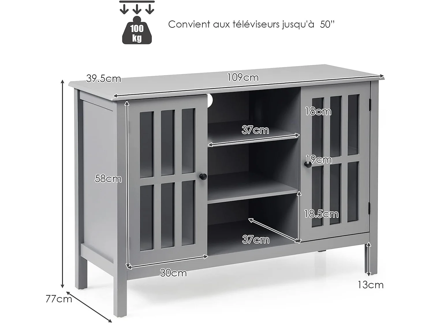 Meuble tv, support tv banc tv avec rangement, 3 etagères, pour tv jusqu'à 127 cm