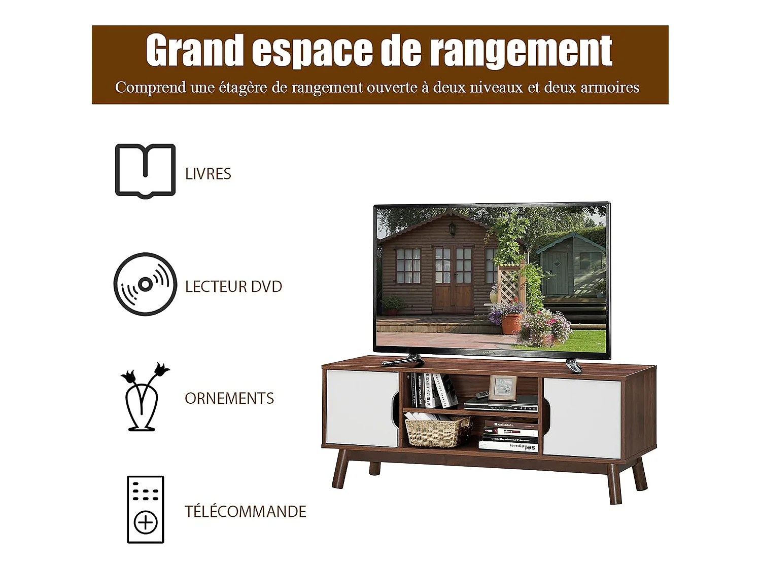 Meuble tv avec 2 compartiments et 2 étagères,jusqu’à 43 pouces
