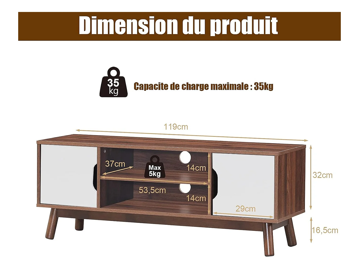Meuble tv avec 2 compartiments et 2 étagères,jusqu’à 43 pouces