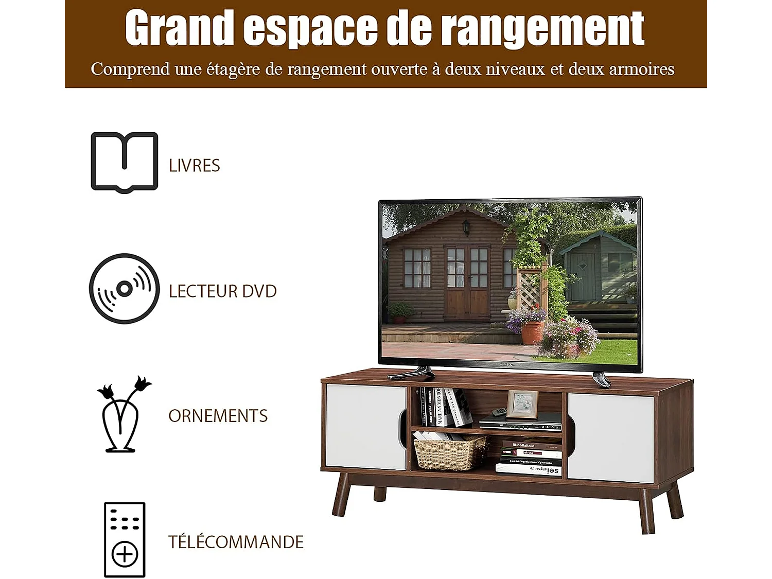 Meuble tv avec 2 compartiments et 2 étagères,jusqu’à 43 pouces