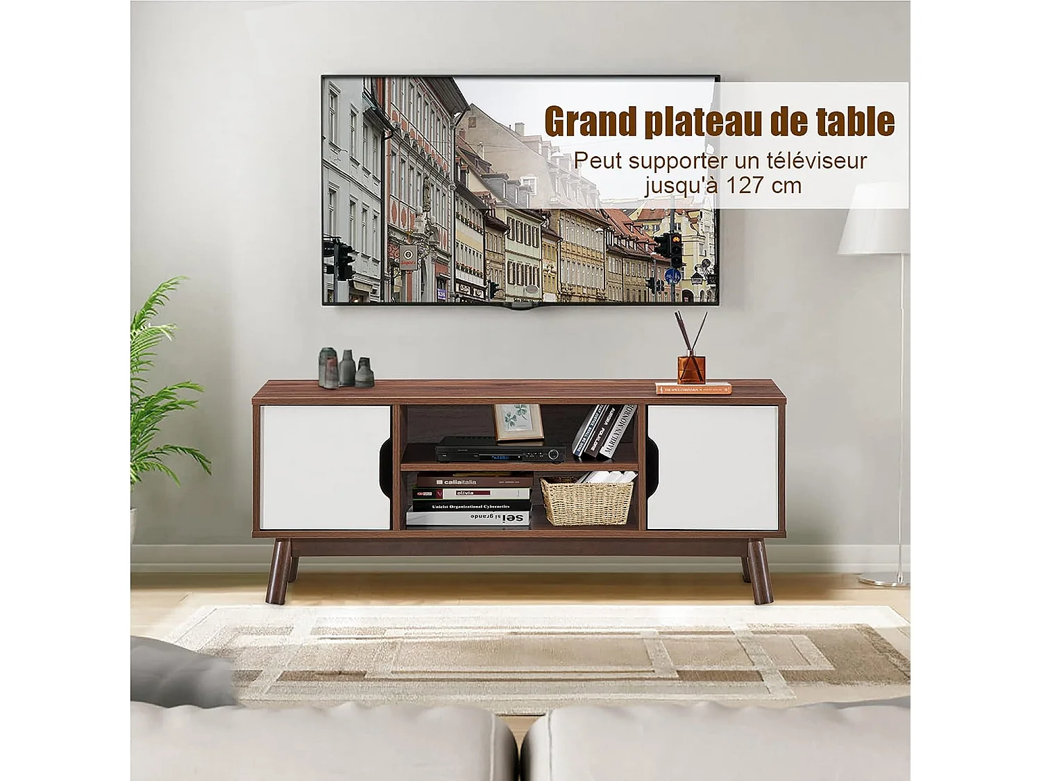 Meuble tv avec 2 compartiments et 2 étagères,jusqu’à 43 pouces