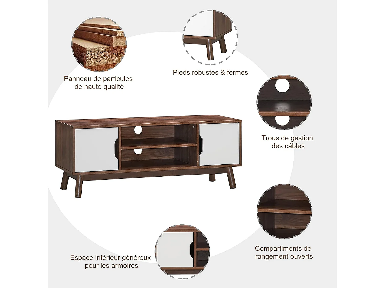Meuble tv avec 2 compartiments et 2 étagères,jusqu’à 43 pouces