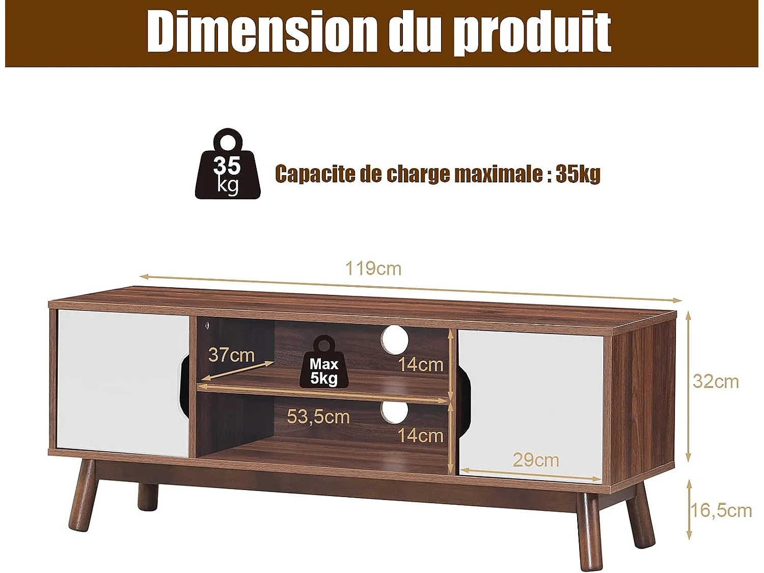 Meuble tv avec 2 compartiments et 2 étagères,jusqu’à 43 pouces