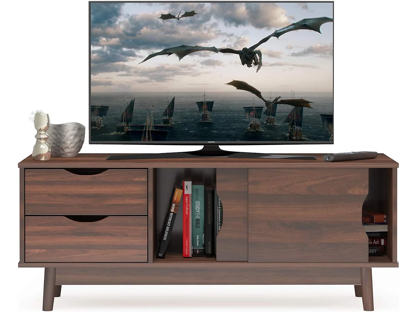Meuble tv moderne, avec 2 tiroirs, 2 portes coulissantes et trou de gestion des câbles