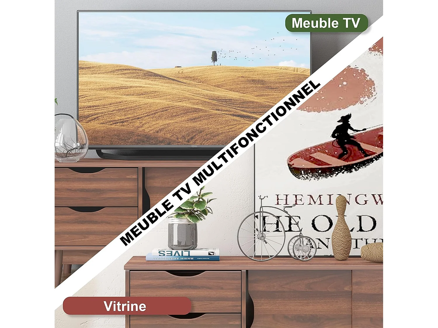 Meuble tv moderne, avec 2 tiroirs, 2 portes coulissantes et trou de gestion des câbles