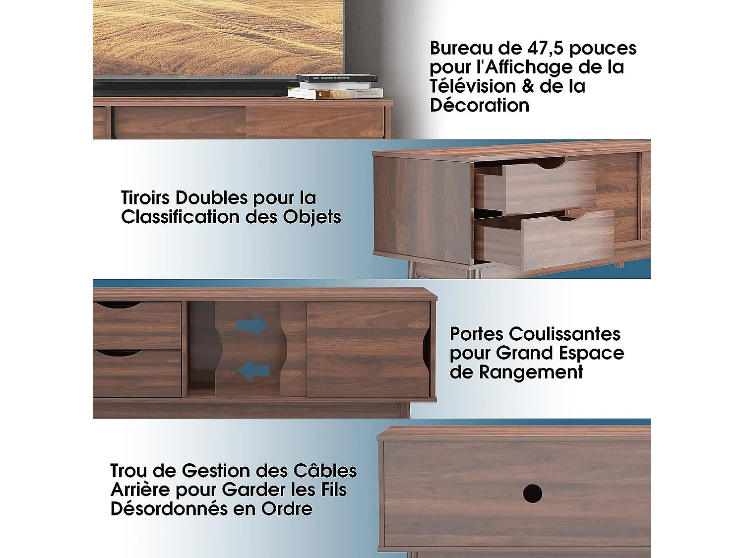 Meuble tv moderne, avec 2 tiroirs, 2 portes coulissantes et trou de gestion des câbles
