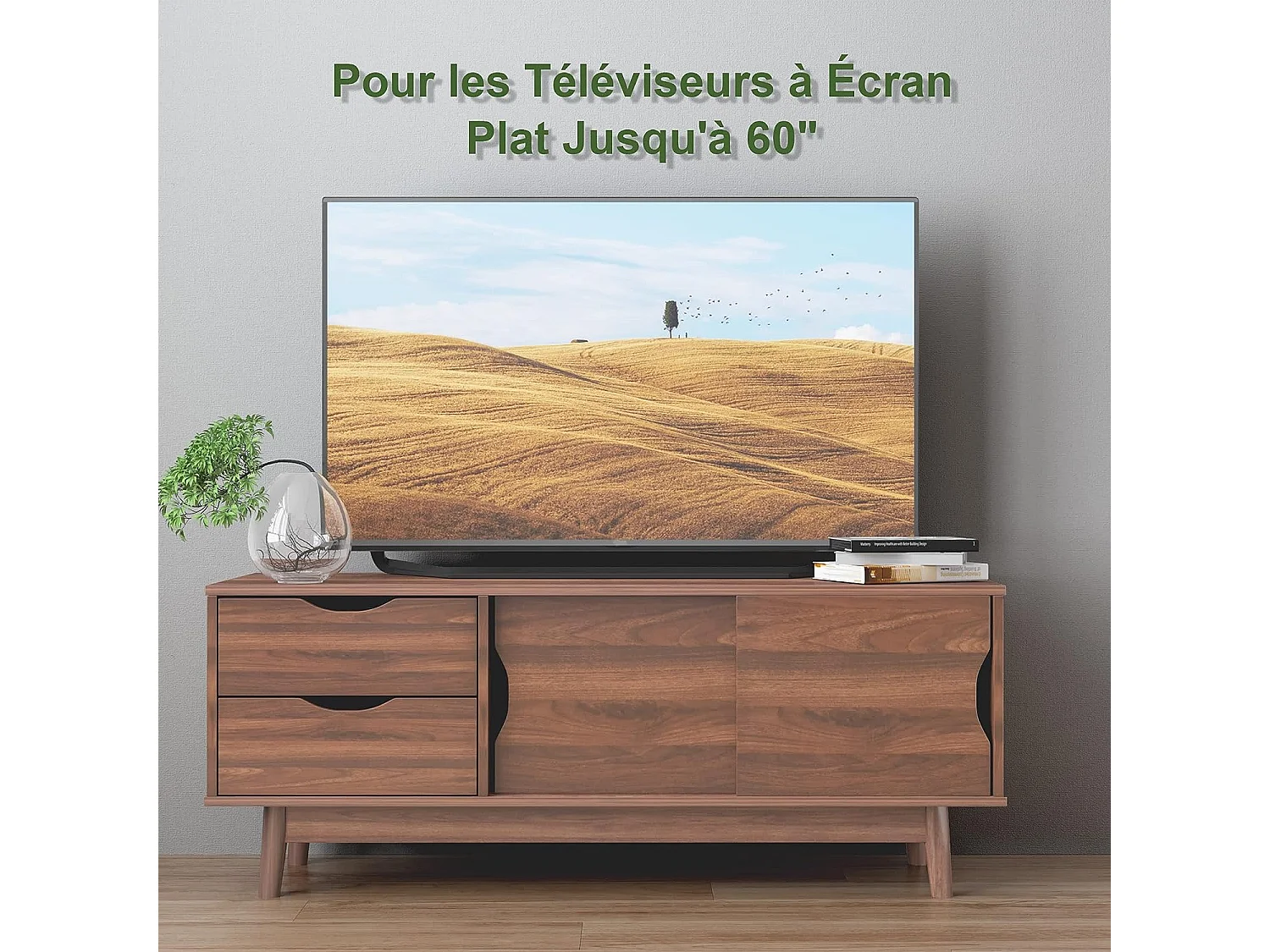 Meuble tv moderne, avec 2 tiroirs, 2 portes coulissantes et trou de gestion des câbles