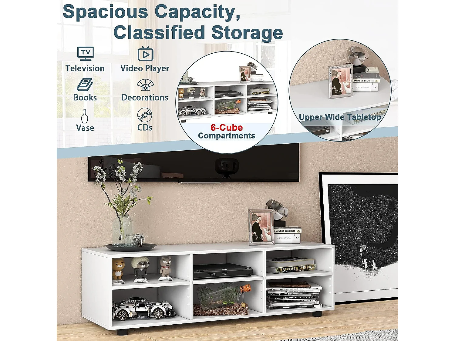 Gientex meuble tv à 3 niveaux avec 6 compartiment, banc tv pour tv jusqu'à 55 pouces,115 x 39 x 34,5cm
