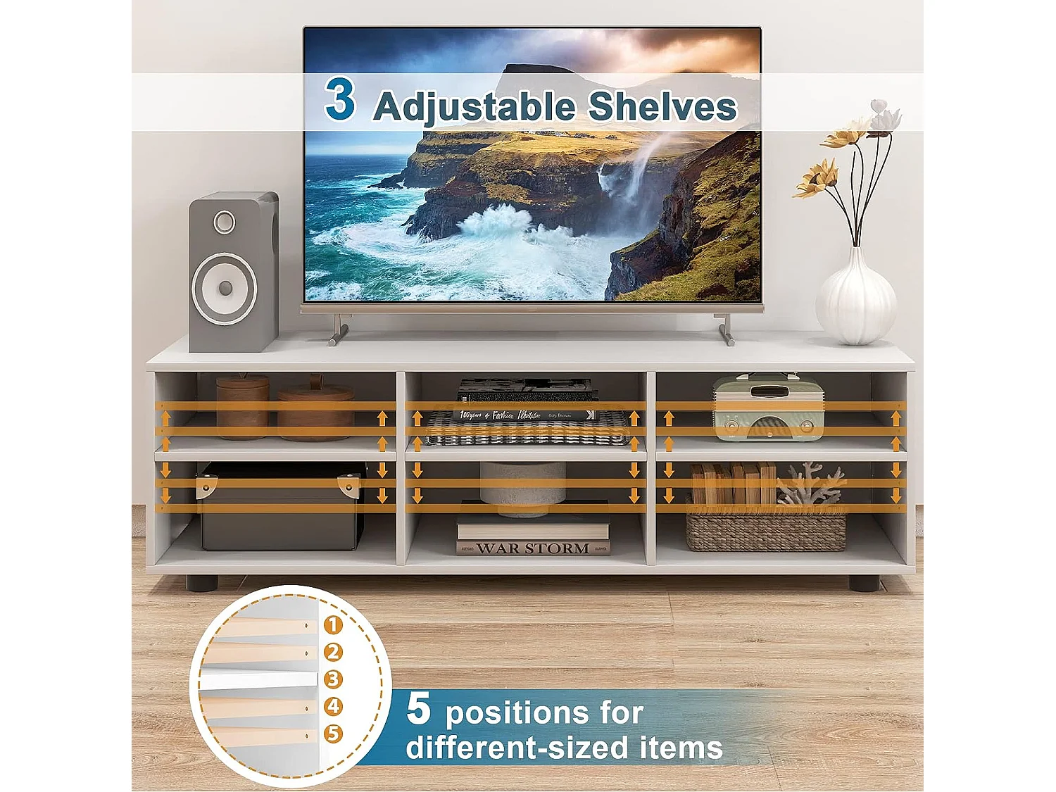 Gientex meuble tv à 3 niveaux avec 6 compartiment, banc tv pour tv jusqu'à 55 pouces,115 x 39 x 34,5cm