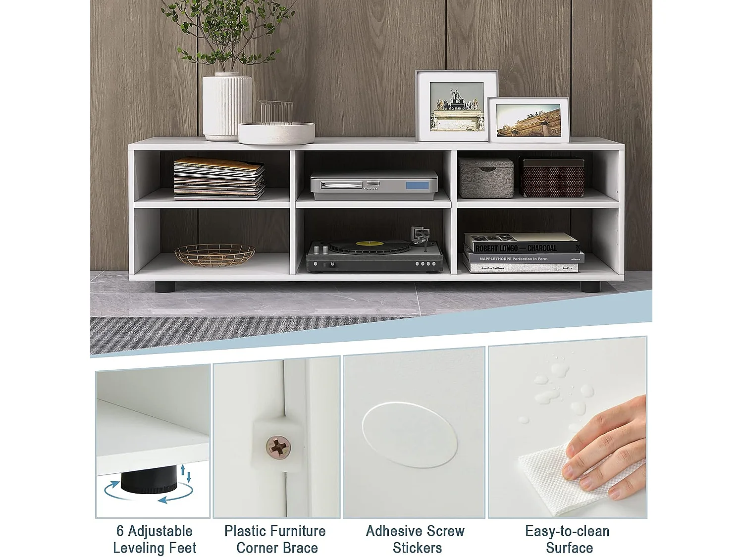 Gientex meuble tv à 3 niveaux avec 6 compartiment, banc tv pour tv jusqu'à 55 pouces,115 x 39 x 34,5cm