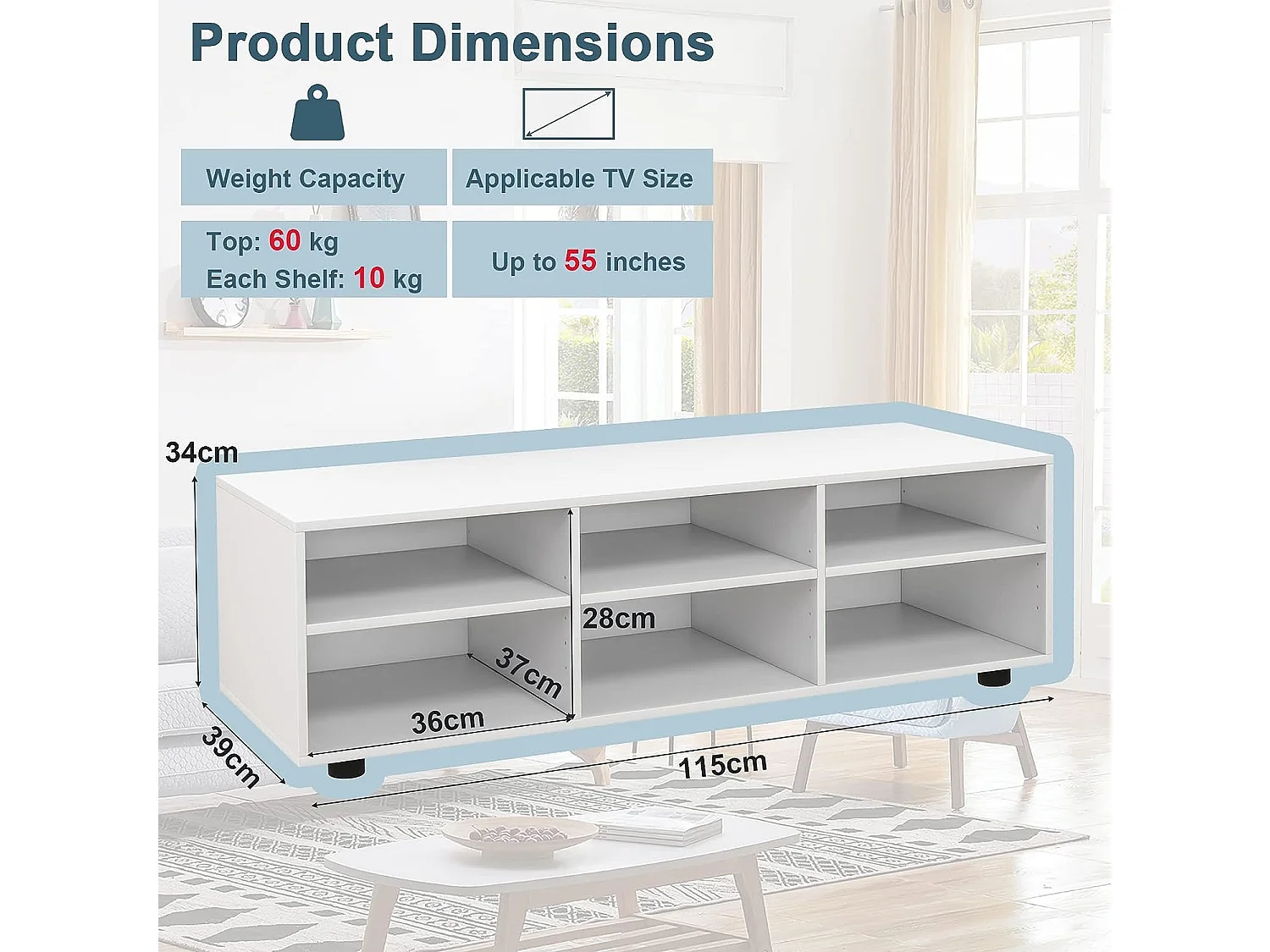 Gientex meuble tv à 3 niveaux avec 6 compartiment, banc tv pour tv jusqu'à 55 pouces,115 x 39 x 34,5cm