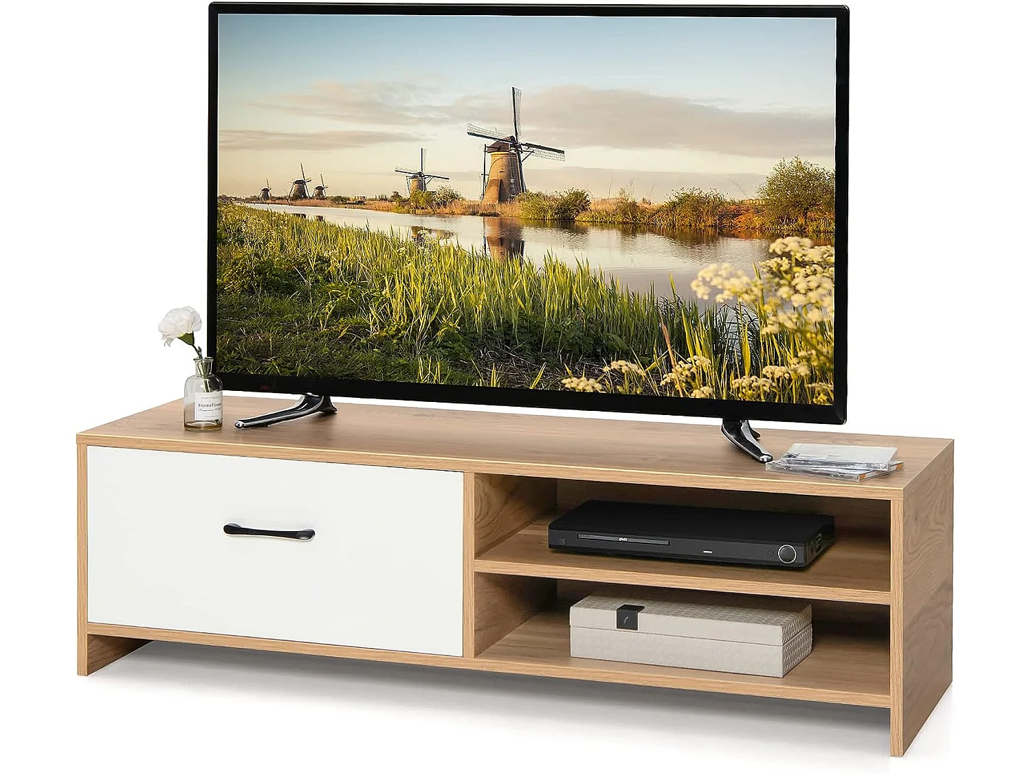 Gientex meuble tv avec tiroir et 2 compartiments pour tv 55" au max, banc tv en bois 120 x 42 x 35cm