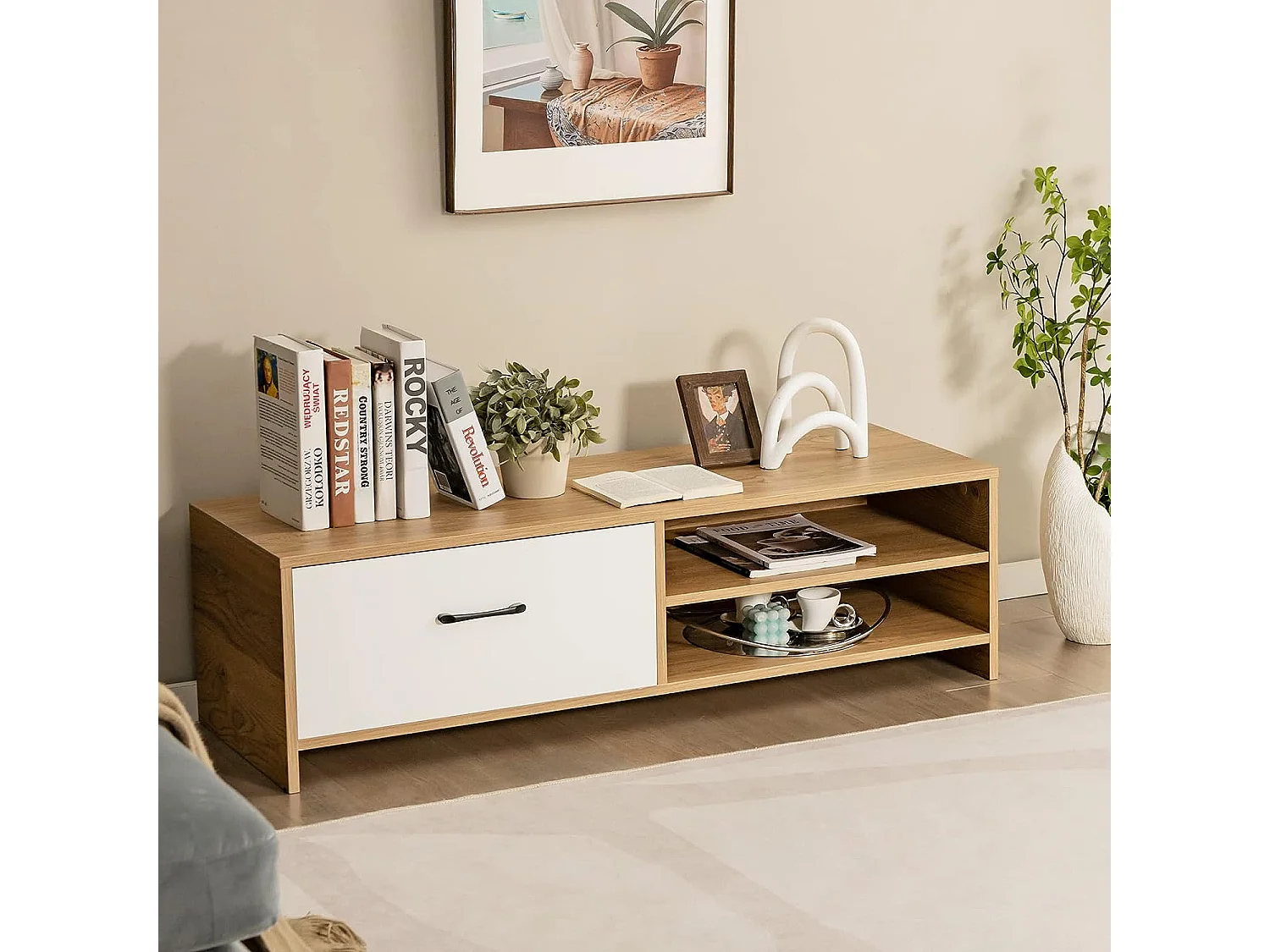 Gientex meuble tv avec tiroir et 2 compartiments pour tv 55" au max, banc tv en bois 120 x 42 x 35cm