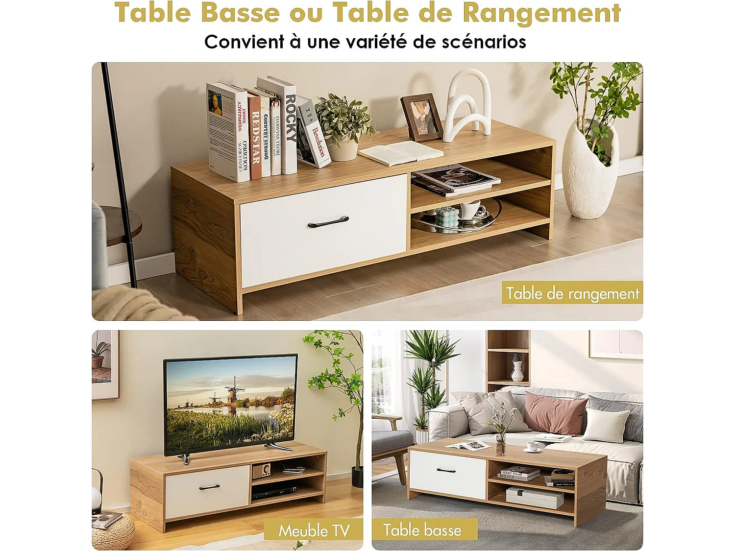 Gientex meuble tv avec tiroir et 2 compartiments pour tv 55" au max, banc tv en bois 120 x 42 x 35cm