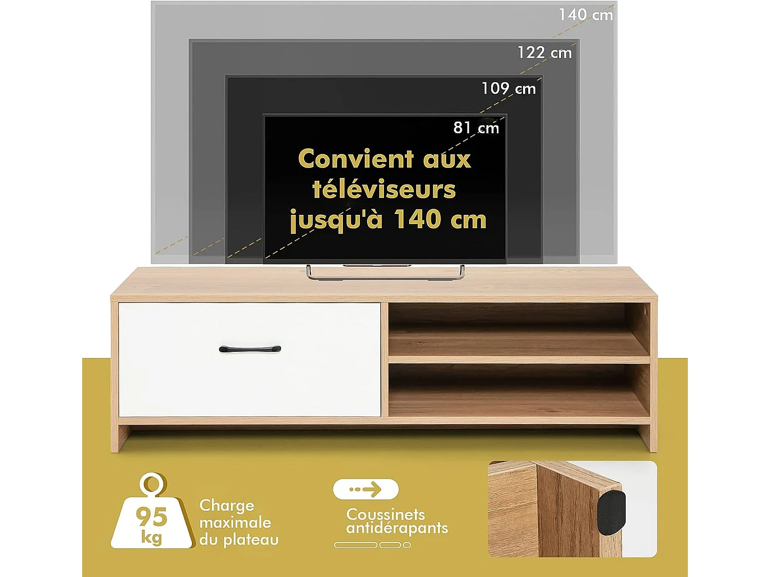 Gientex meuble tv avec tiroir et 2 compartiments pour tv 55" au max, banc tv en bois 120 x 42 x 35cm
