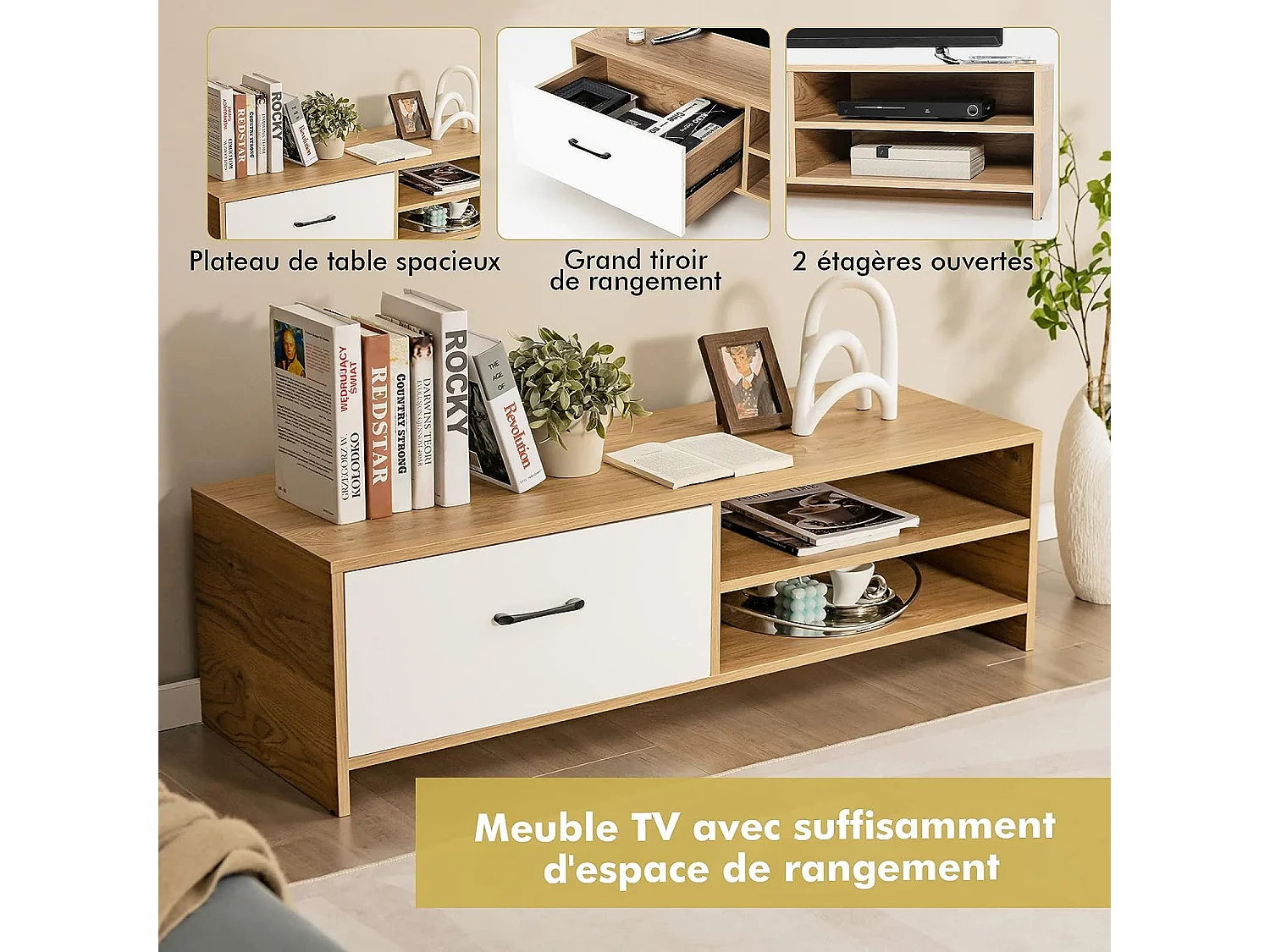 Gientex meuble tv avec tiroir et 2 compartiments pour tv 55" au max, banc tv en bois 120 x 42 x 35cm