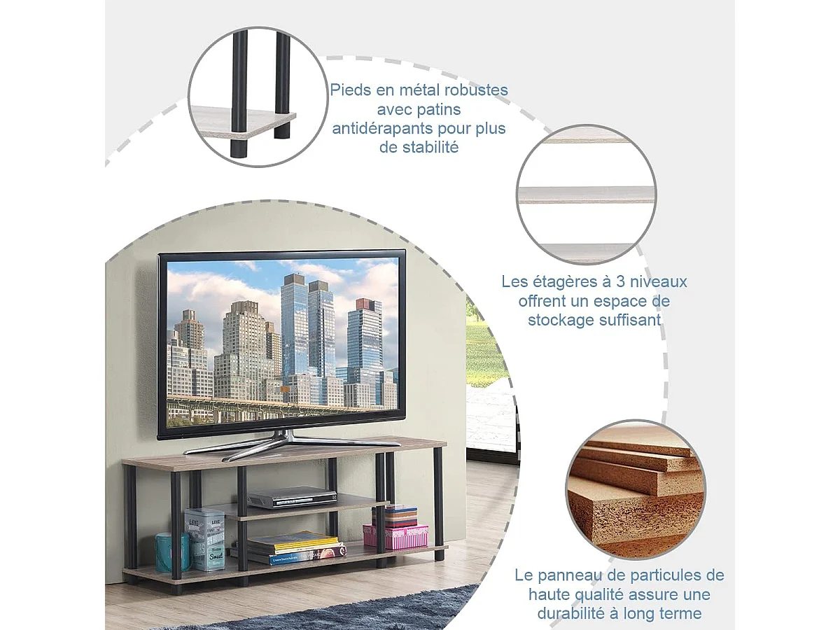 Meuble tv à 3 niveaux pour télévision jusqu'à 50 pouces, banc tv moderne avec structure en métal