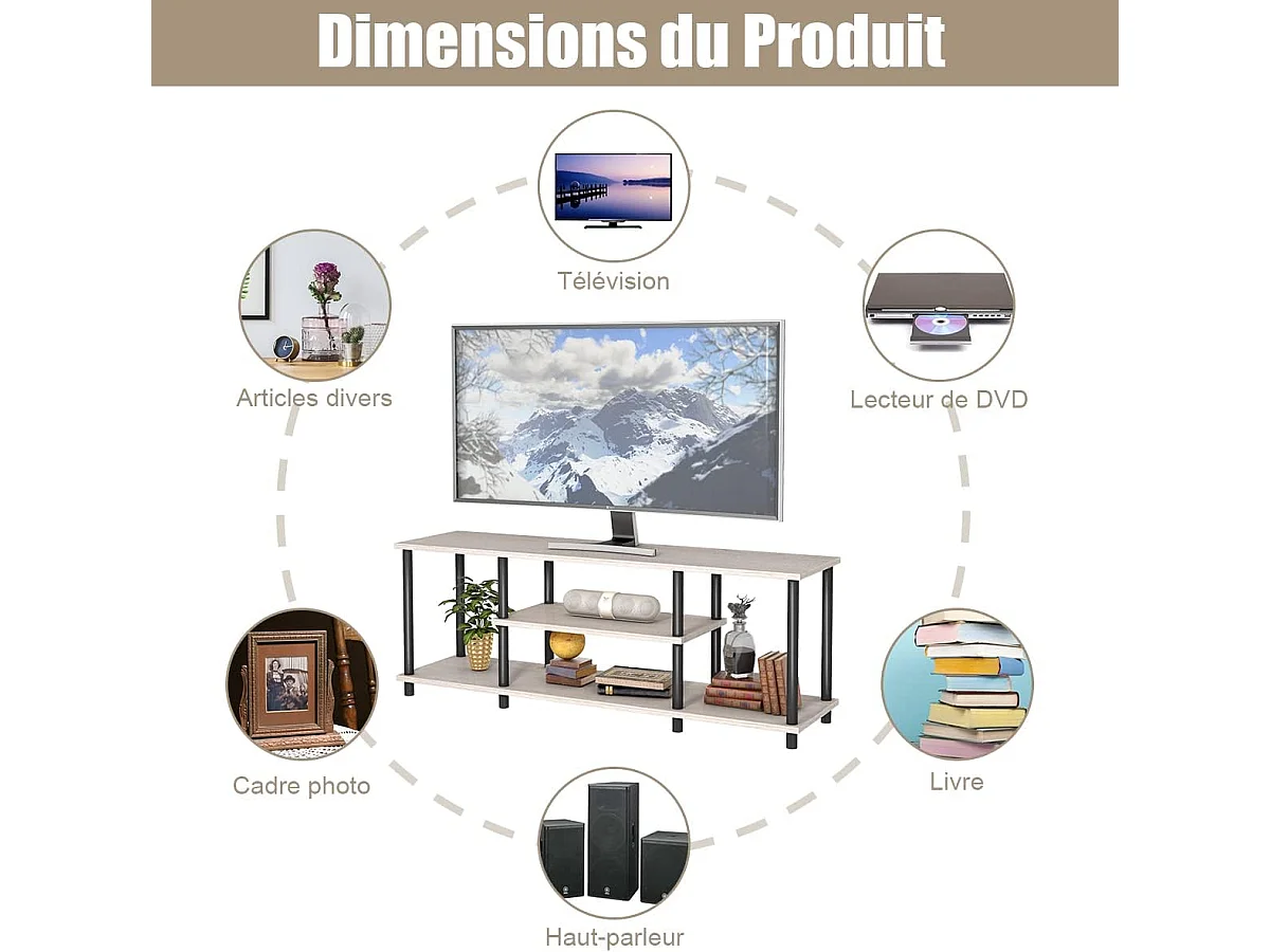 Meuble tv à 3 niveaux pour télévision jusqu'à 50 pouces, banc tv moderne avec structure en métal