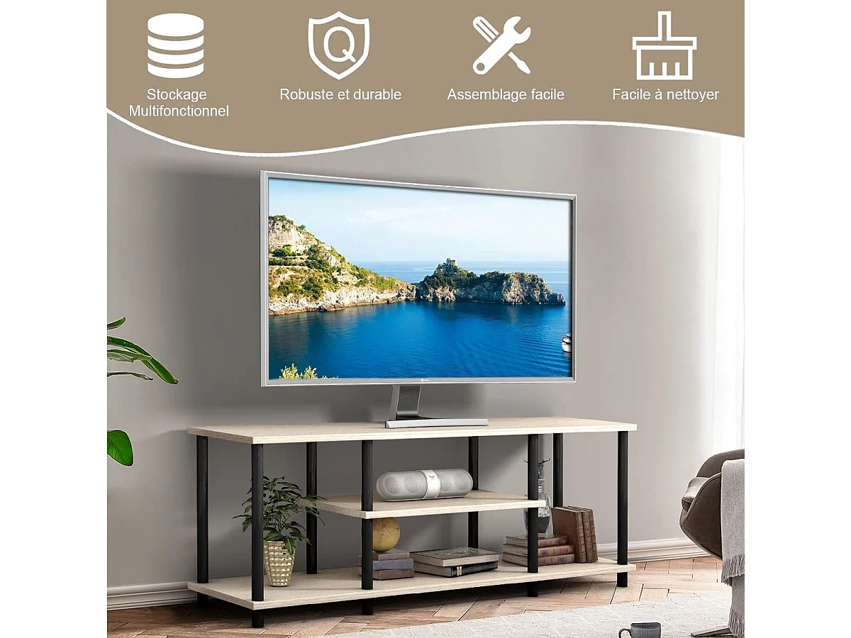 Meuble tv à 3 niveaux pour télévision jusqu'à 50 pouces, banc tv moderne avec structure en métal