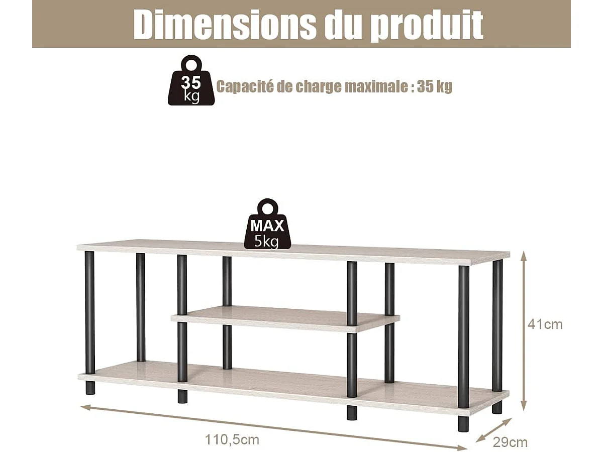 Meuble tv à 3 niveaux pour télévision jusqu'à 50 pouces, banc tv moderne avec structure en métal
