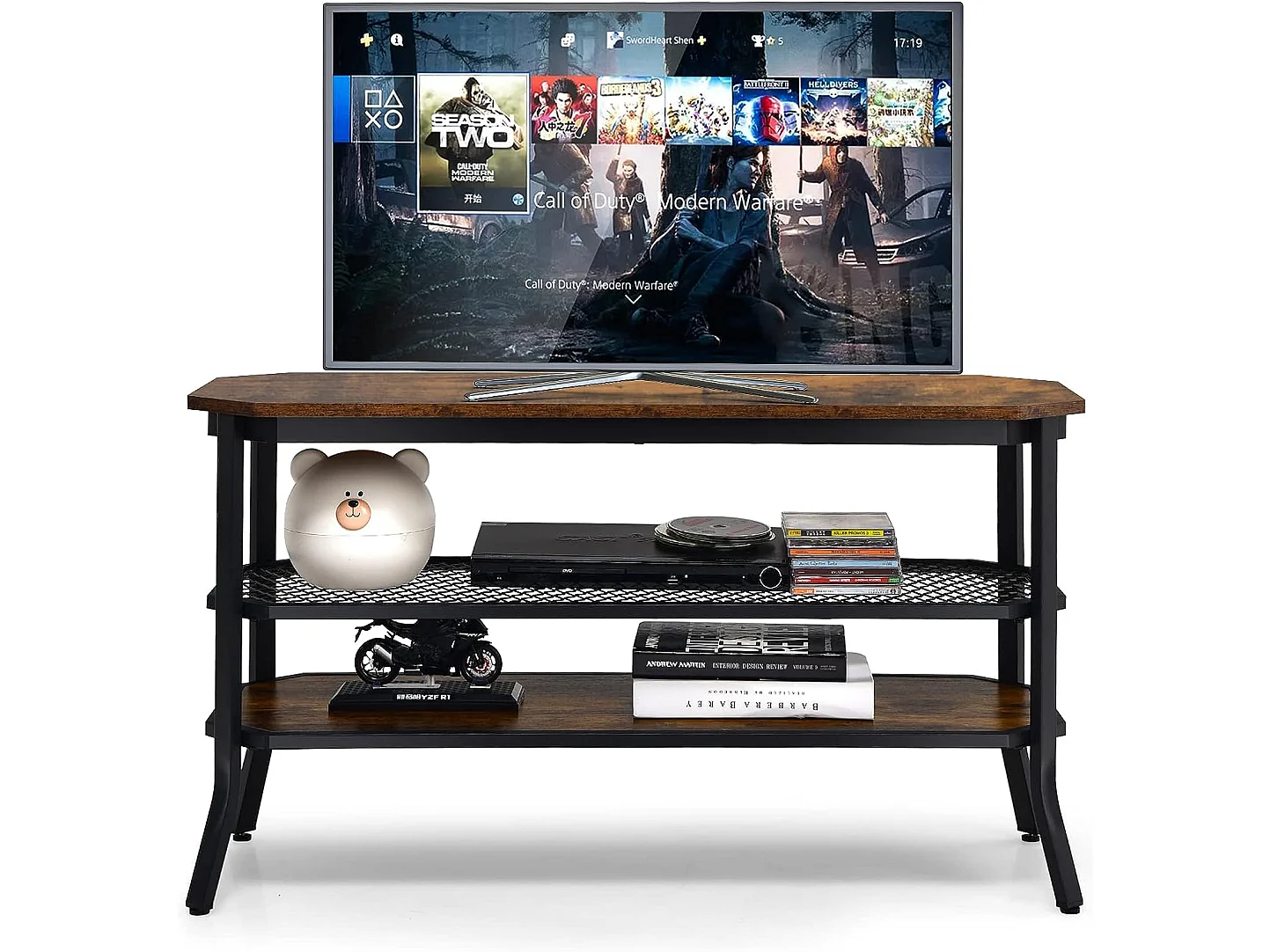 Meuble/banc tv industriel à 3 niveaux pour téléviseurs 46 pouces, table basse avec structure en acier