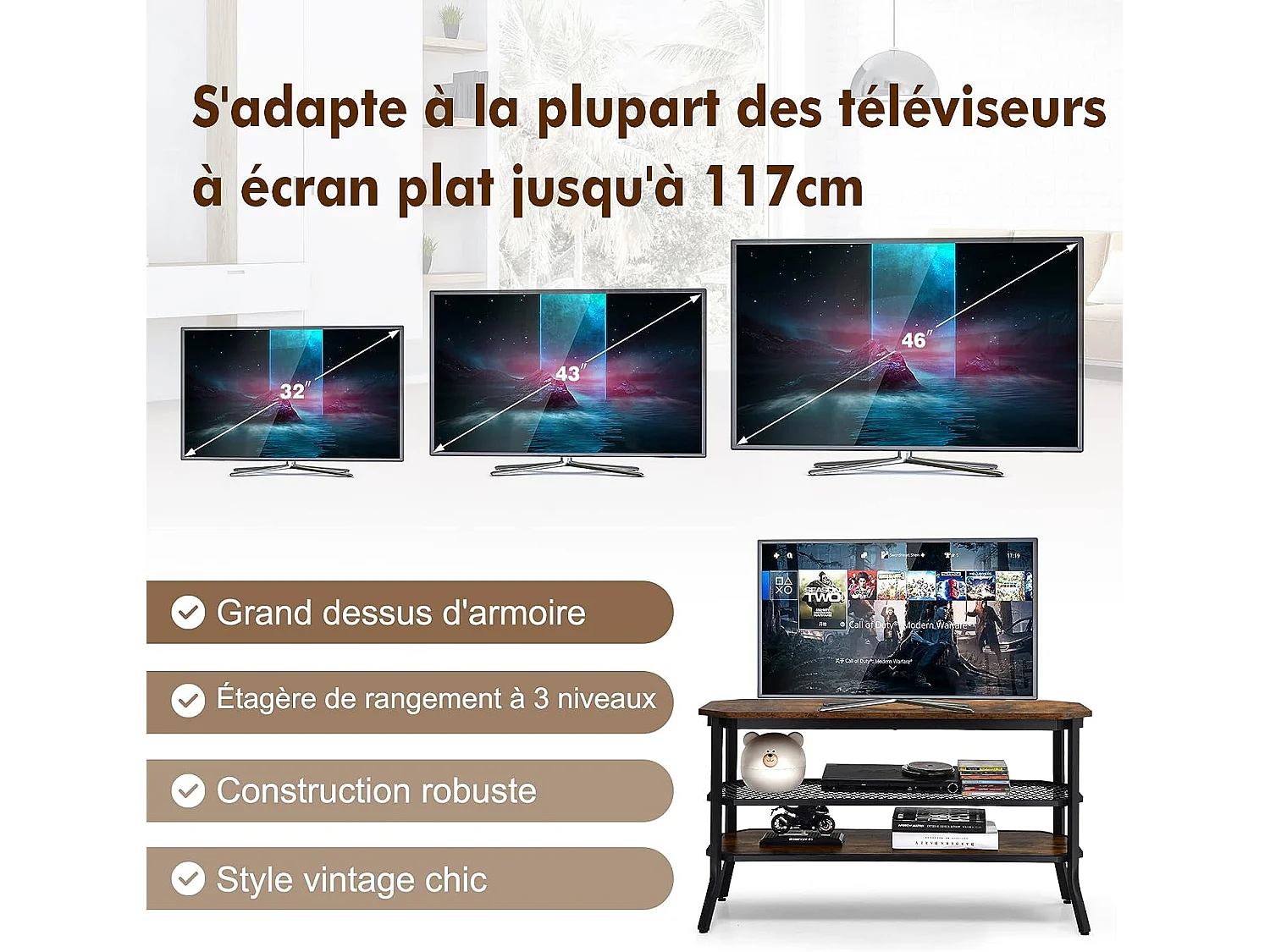 Meuble/banc tv industriel à 3 niveaux pour téléviseurs 46 pouces, table basse avec structure en acier