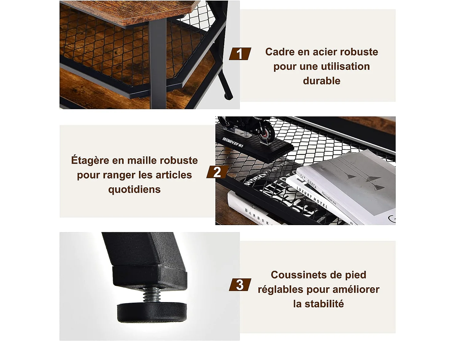 Meuble/banc tv industriel à 3 niveaux pour téléviseurs 46 pouces, table basse avec structure en acier