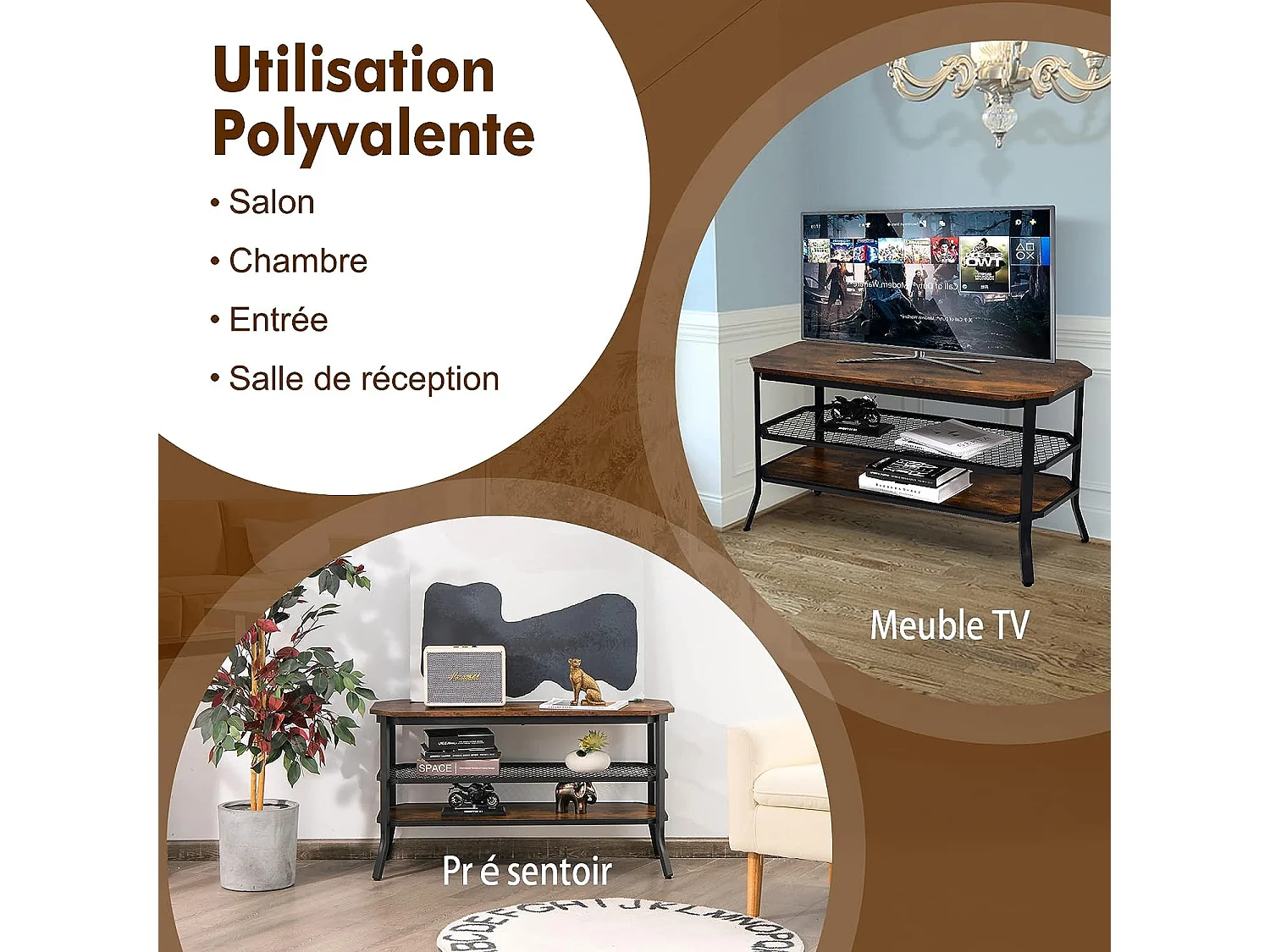 Meuble/banc tv industriel à 3 niveaux pour téléviseurs 46 pouces, table basse avec structure en acier