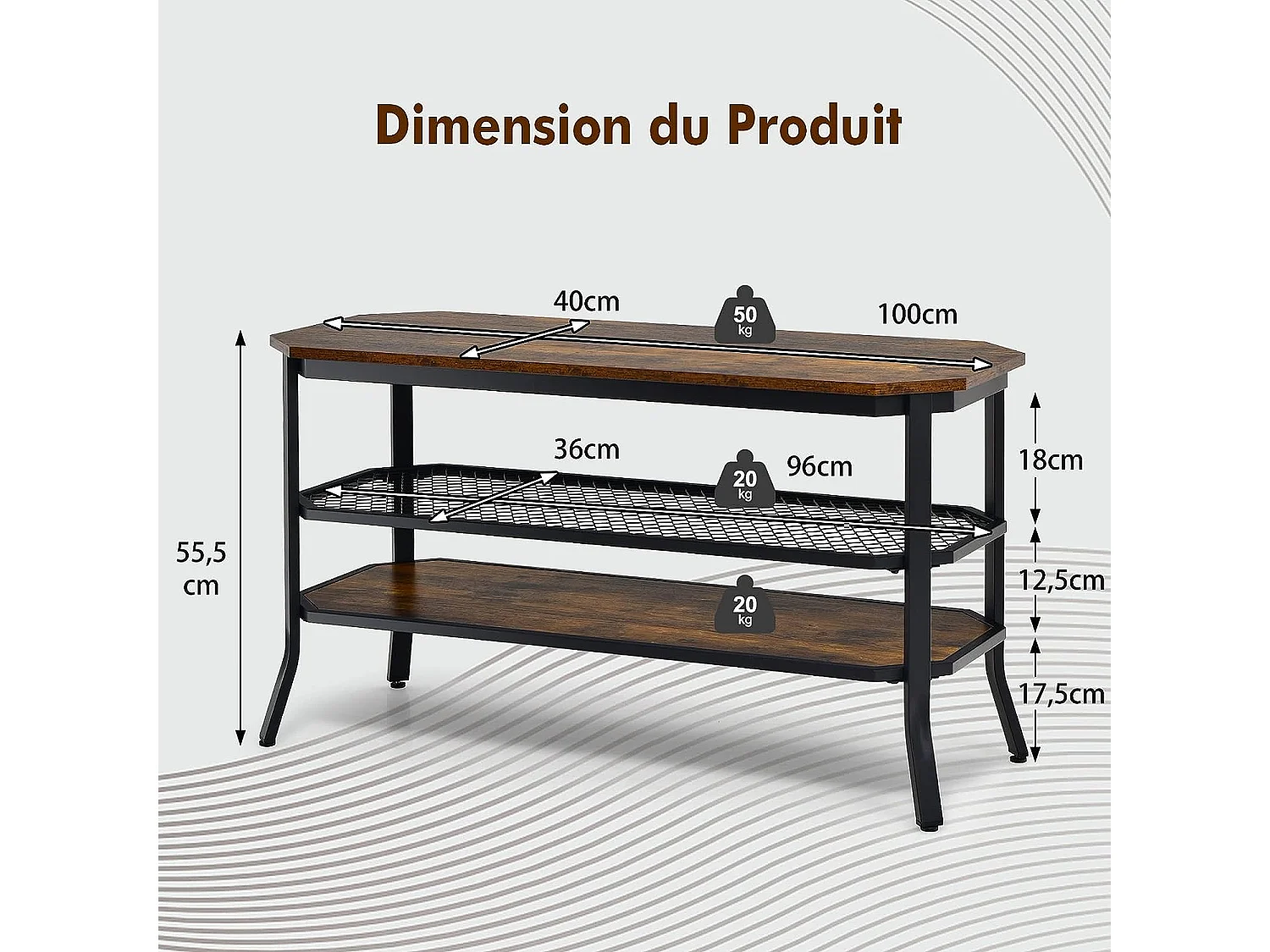Meuble/banc tv industriel à 3 niveaux pour téléviseurs 46 pouces, table basse avec structure en acier