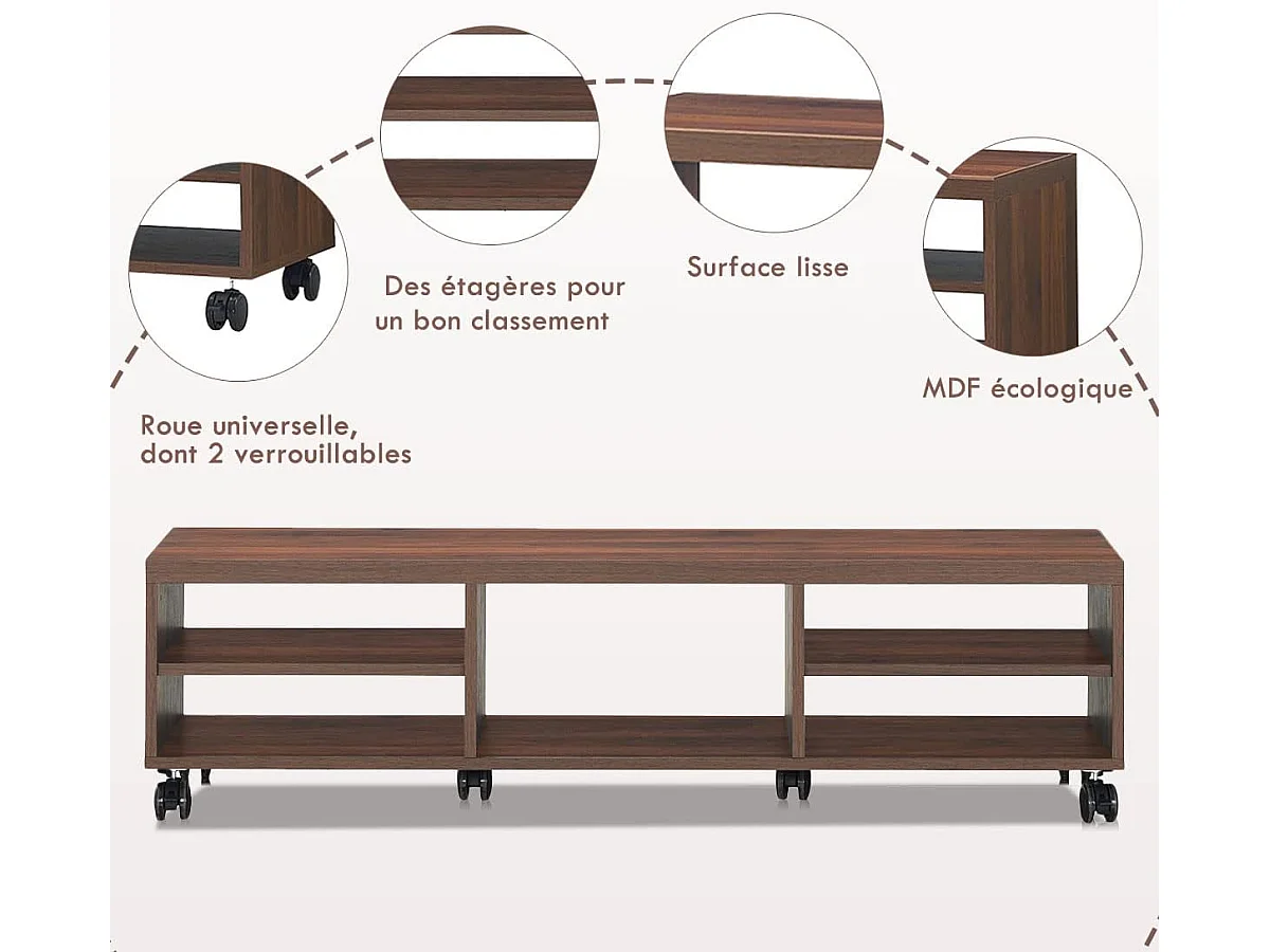 Meuble tv moderne avec roues verrouillables téléviseur jusqu'à 140 cm (55'')